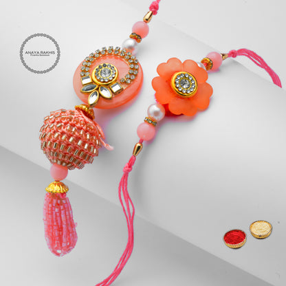 Elegant Flower Peach Jodi Rakhi for Bhaiya & Bhabhi