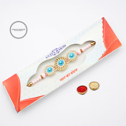 Blue Floral Design with Rhinestone Single Rakhi for Rakshabandhan