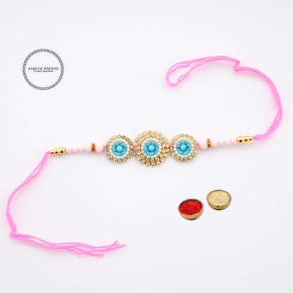 Blue Floral Design with Rhinestone Single Rakhi for Rakshabandhan