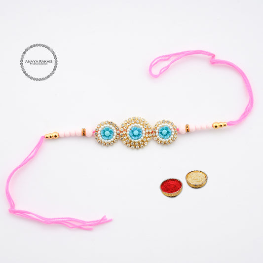 Blue Floral Design with Rhinestone Single Rakhi for Rakshabandhan