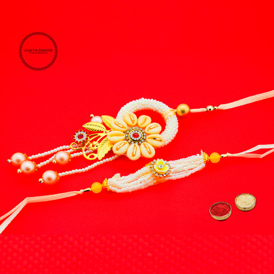 Flower with Yellow and White Pearl Jodi Rakhi for Bhaiya and Bhabhi