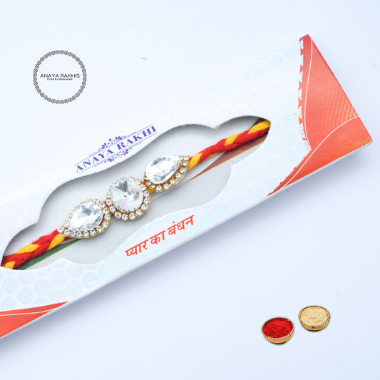 3 White Stone with Red & Yellow Thread Single Rakhi for Rakshabandhan