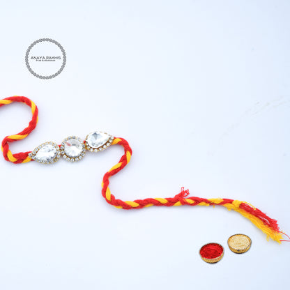 3 White Stone with Red & Yellow Thread Single Rakhi for Rakshabandhan