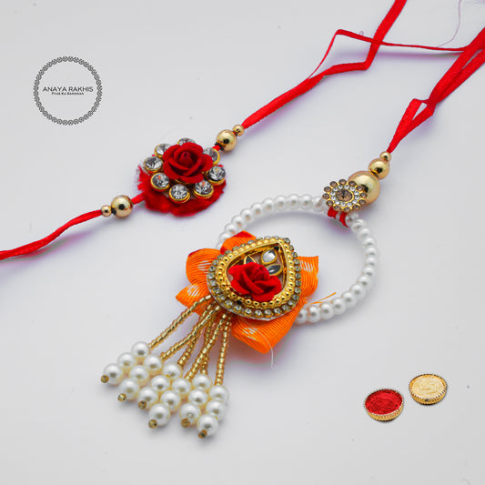 Red Rose with White Pearl Couple Rakhi for Bhaiya & Bhabhi