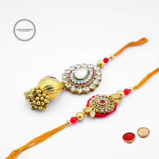 Stylish Pink and Golden Pearl Jodi Rakhi for Bhaiya and Bhabhi