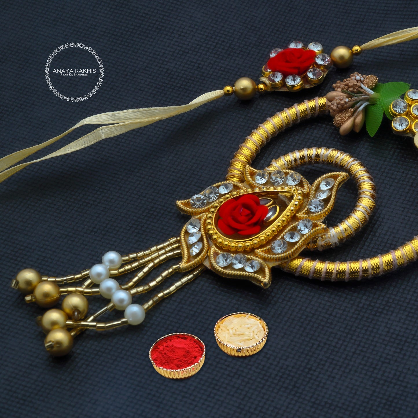 Red Roses with White and Golden Pearls Jodi Rakhi for Bhaiya and Bhabhi