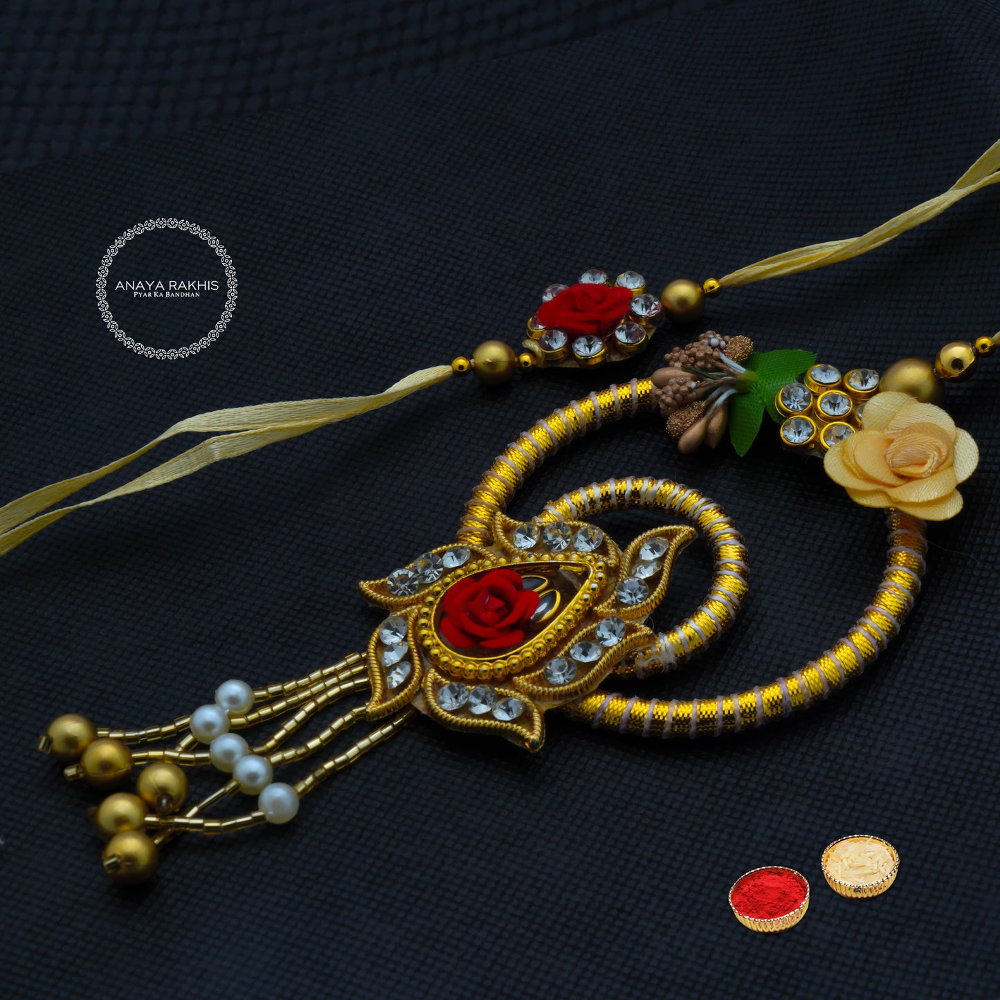 Red Roses with White and Golden Pearls Jodi Rakhi for Bhaiya and Bhabhi