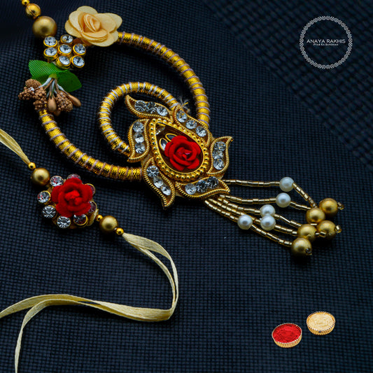 Red Roses with White and Golden Pearls Jodi Rakhi for Bhaiya and Bhabhi