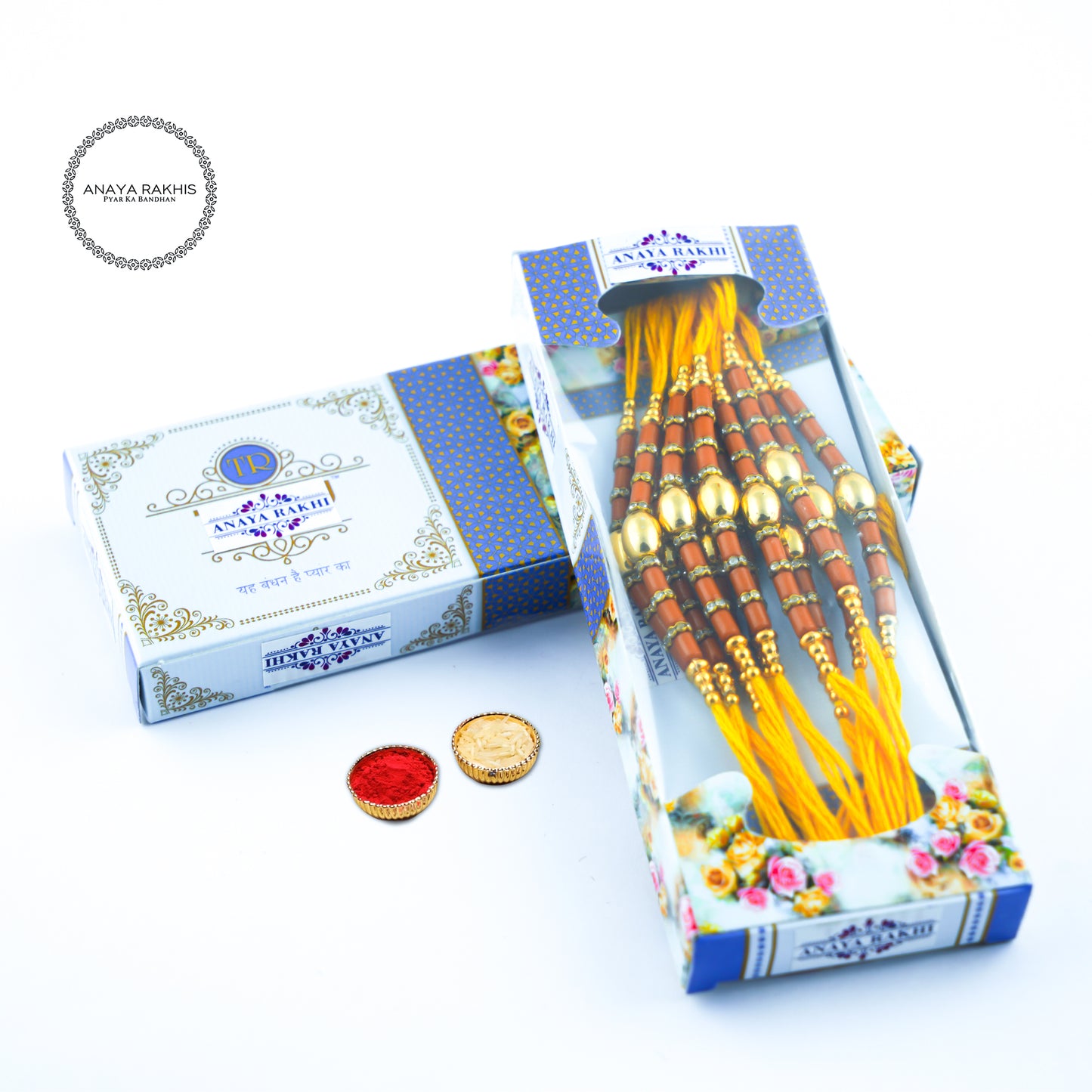 Stylish Brown and Golden Beads Thread Rakhi for Rakshabandhan (12 Pack Box)