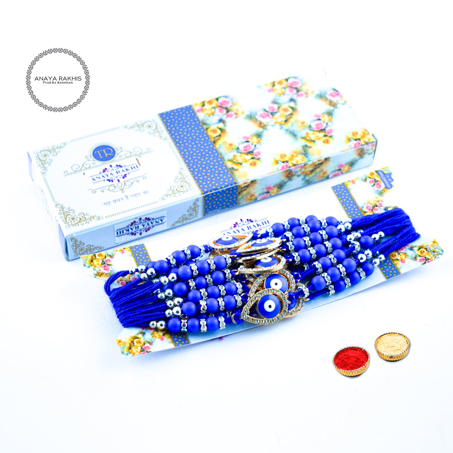 Evil Eye and Blue Beads Thread Rakhi for Rakshabandhan (12 Pack Box)