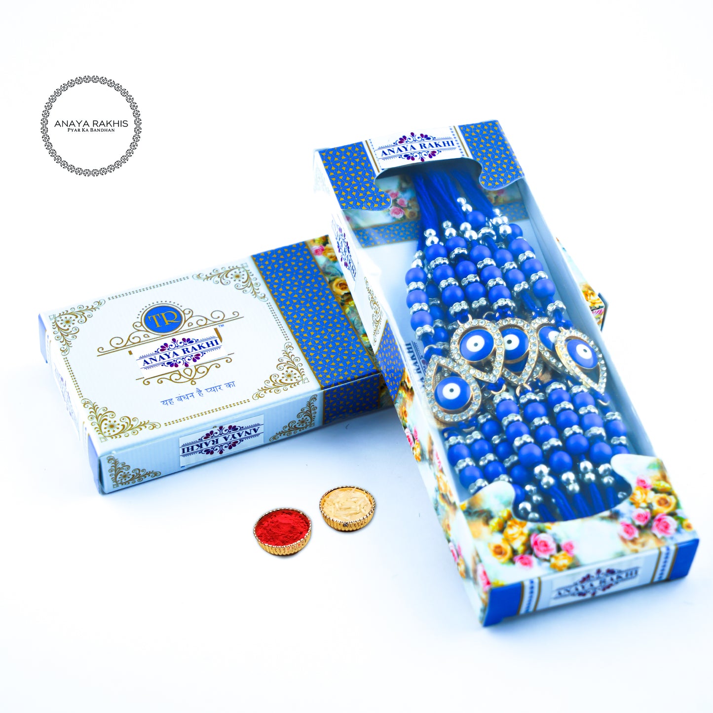 Evil Eye and Blue Beads Thread Rakhi for Rakshabandhan (12 Pack Box)