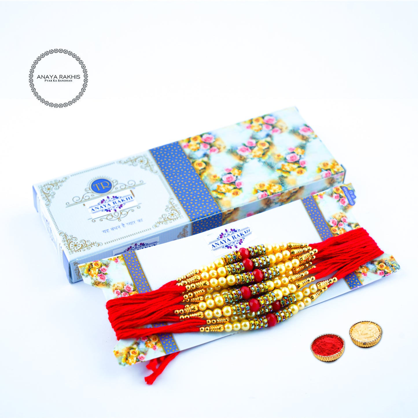 Red and Yellow Pearl Thread Rakhi for Rakshabandhan (12 Pack Box)