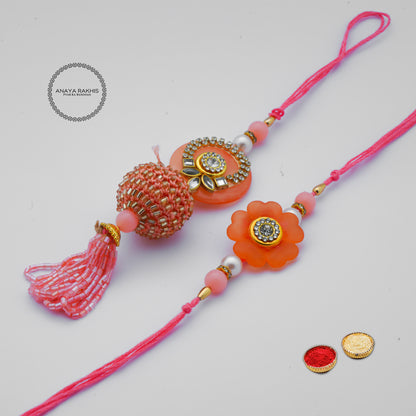 Elegant Flower Peach Jodi Rakhi for Bhaiya & Bhabhi