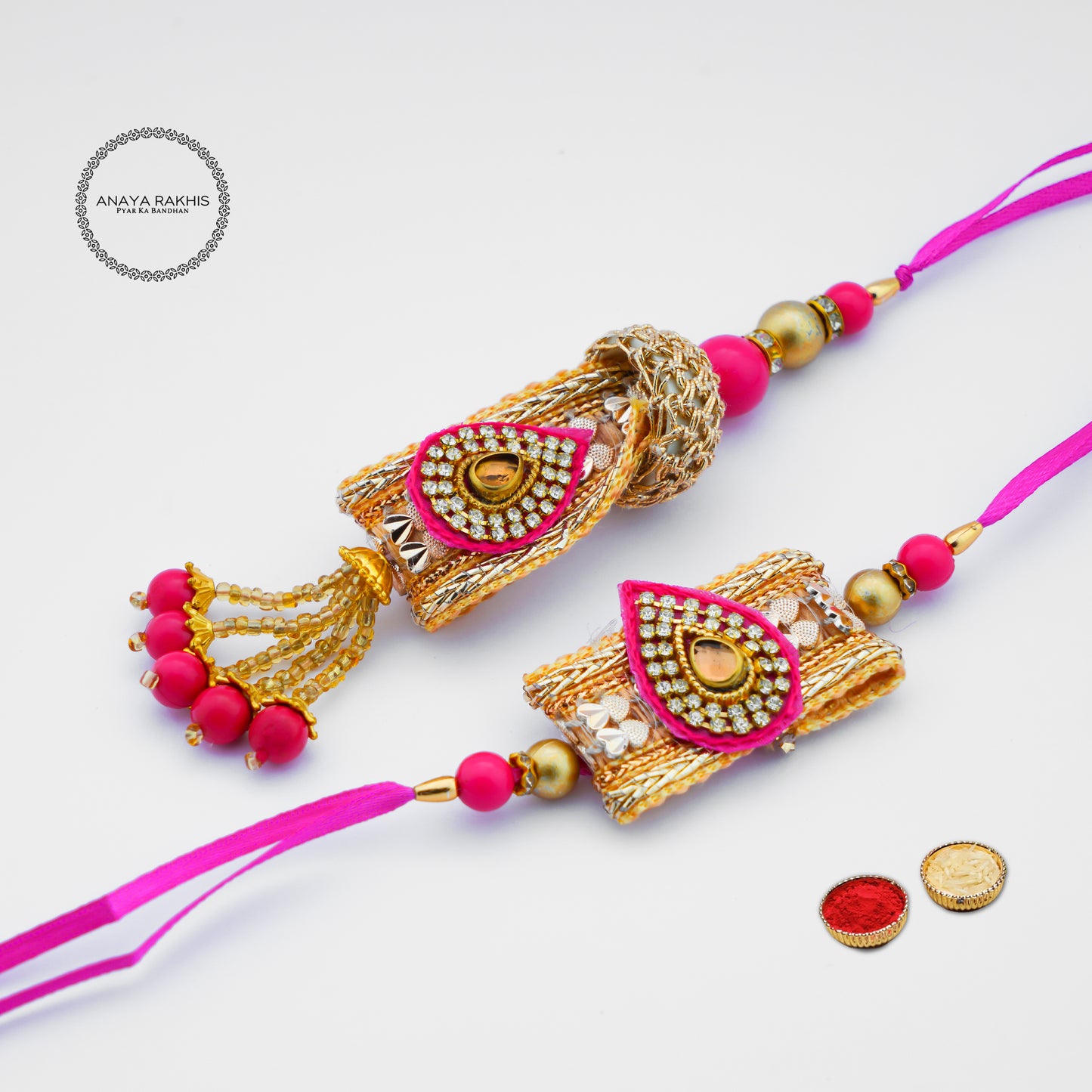 Pink and Golden Pearl Design Jodi Rakhis for Bhaiya Bhabhi